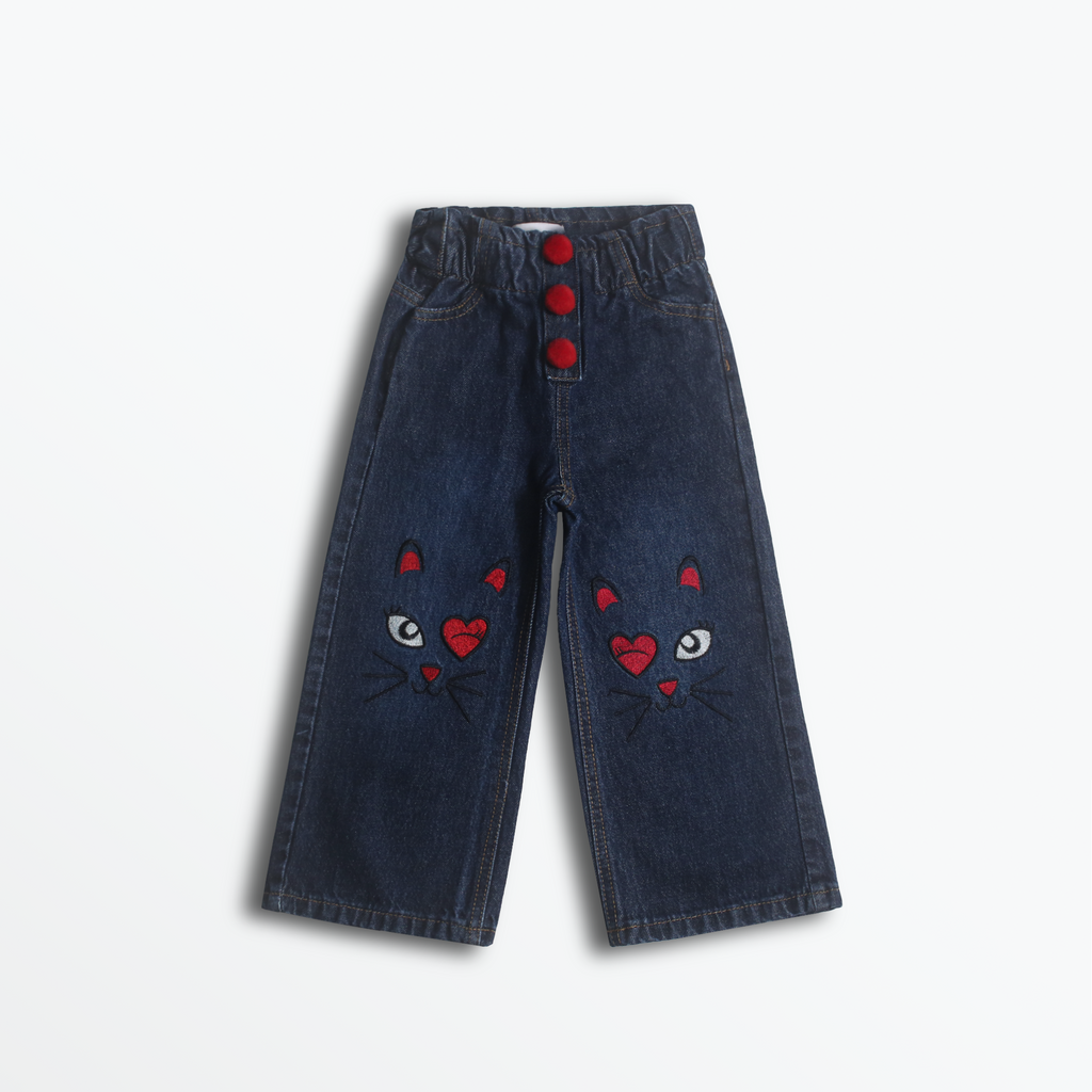 Dark Blue Cat Face Wide Leg Jeans (DG007)