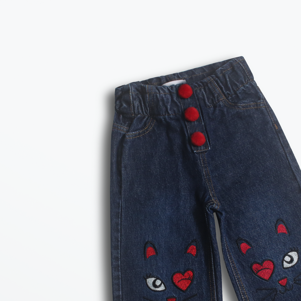 Dark Blue Cat Face Wide Leg Jeans (DG007)