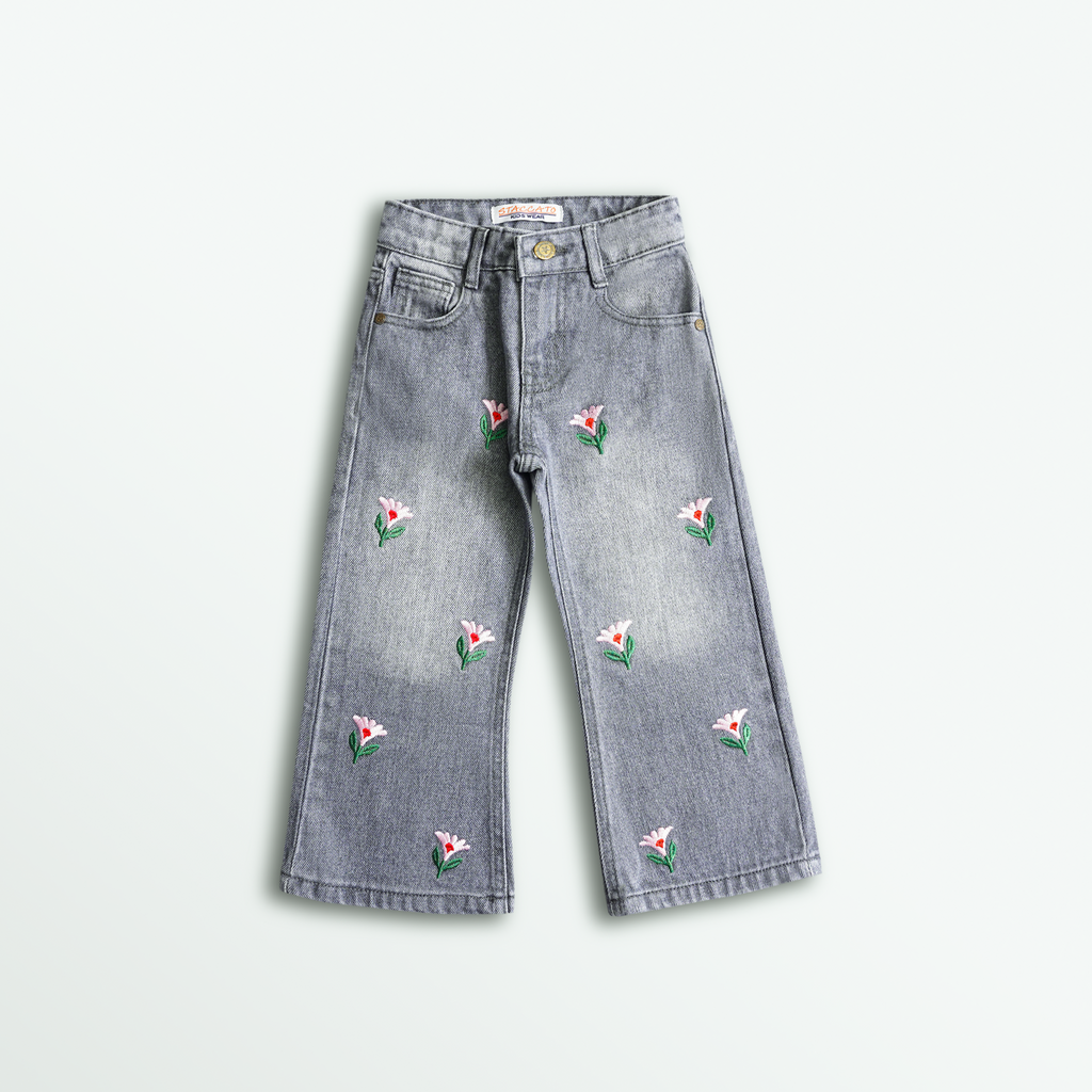Grey Floral Embroidered Denim Jeans