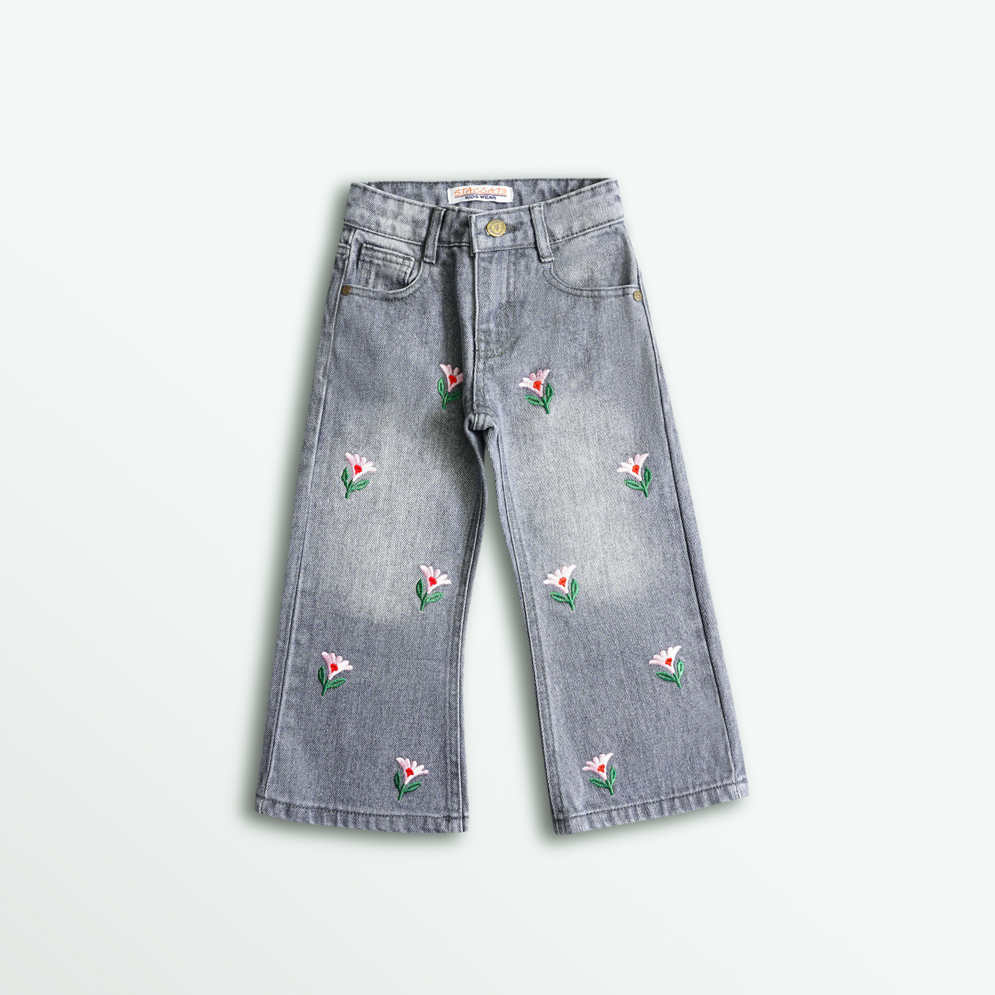Grey Floral Embroidered Denim Jeans