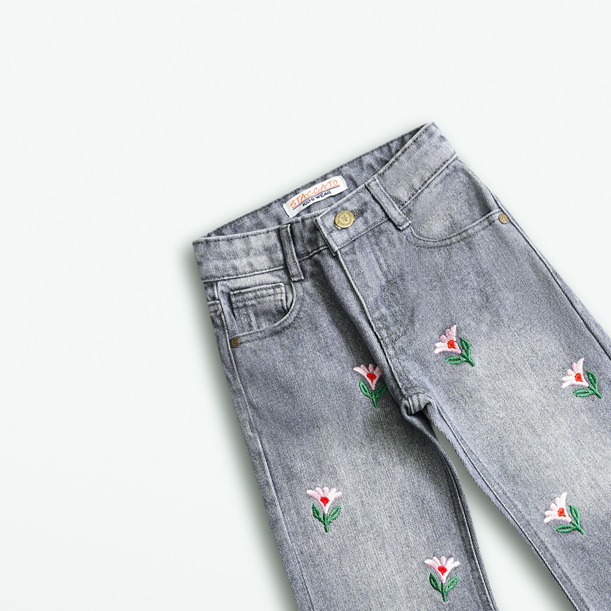 Grey Floral Embroidered Denim Jeans