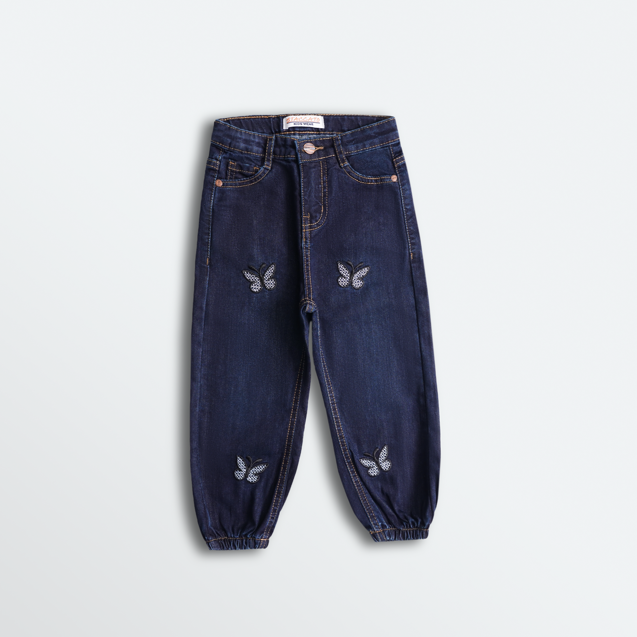 Dark Blue Butterfly Embroidered Denim Jeans