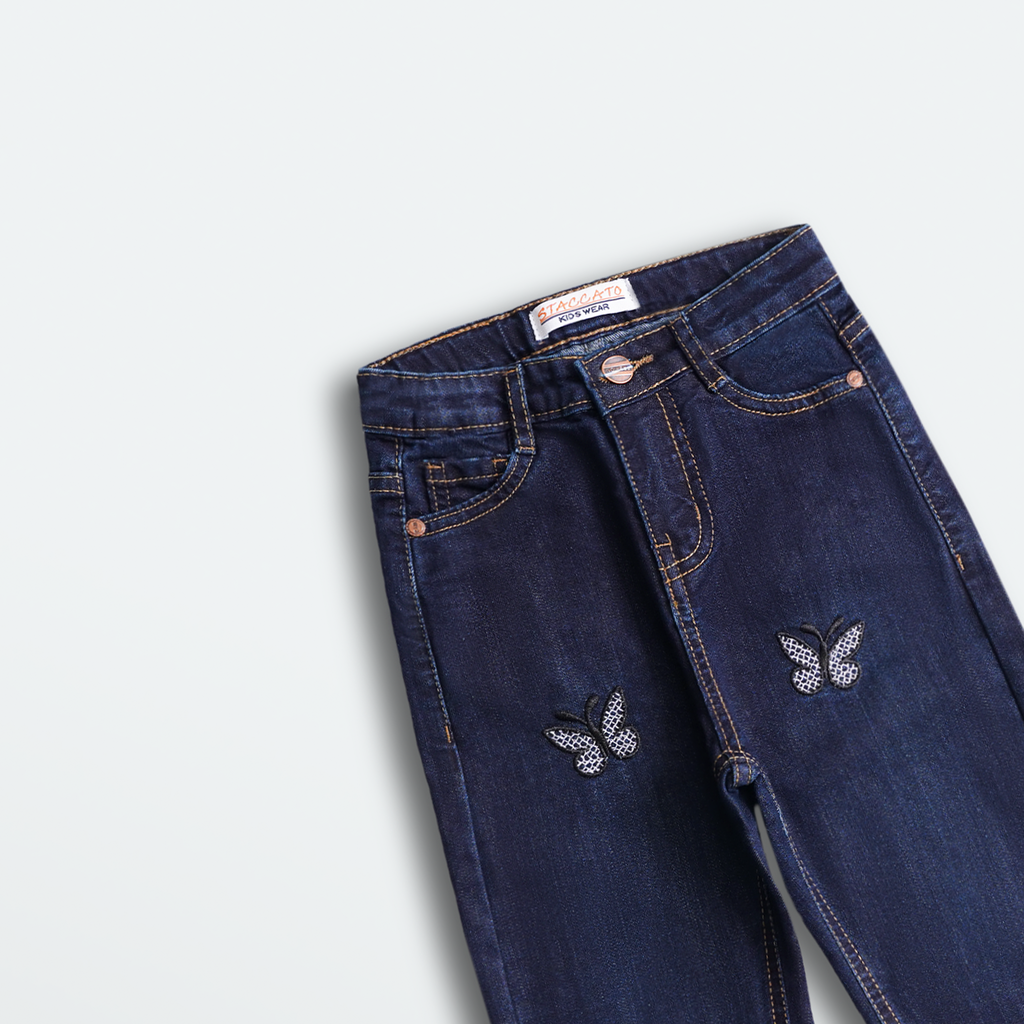 Dark Blue Butterfly Embroidered Denim Jeans