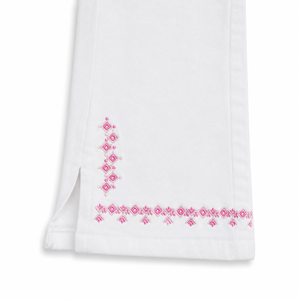 White Embroidered Wide Leg Jeans (DG051)