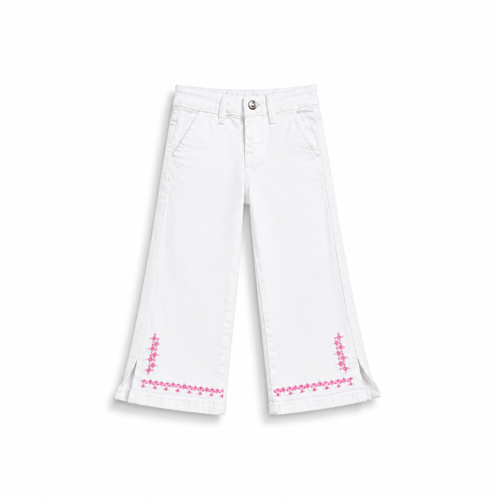 White Embroidered Wide Leg Jeans (DG051)